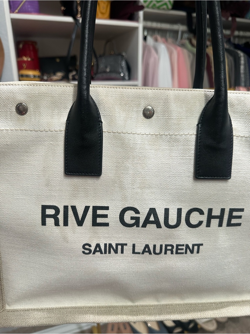 Saint Laurent Rive Gauche Tote in Cream with Black Trim